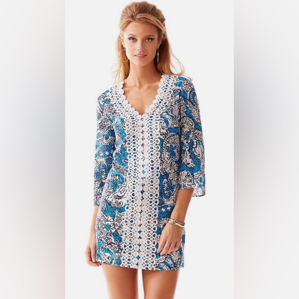 Lilly‎ Pulitzer Brooke Tunic Dress XS Extra Small Ariel Blue Hippy Hippy Shake